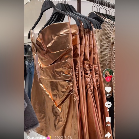 Zara NWT rose gold metallic sweetheart ruched faux leather patent mini dress - Picture 10 of 12